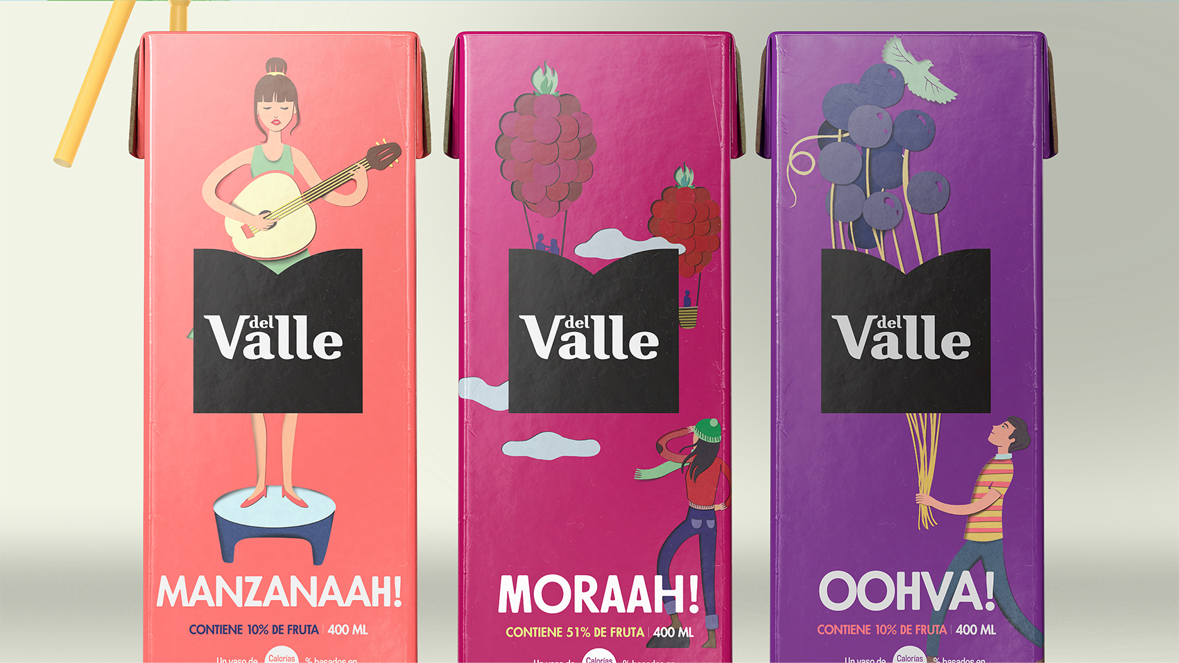DEL VALLE 果汁包装设计，少男少女+水果场景创意插画