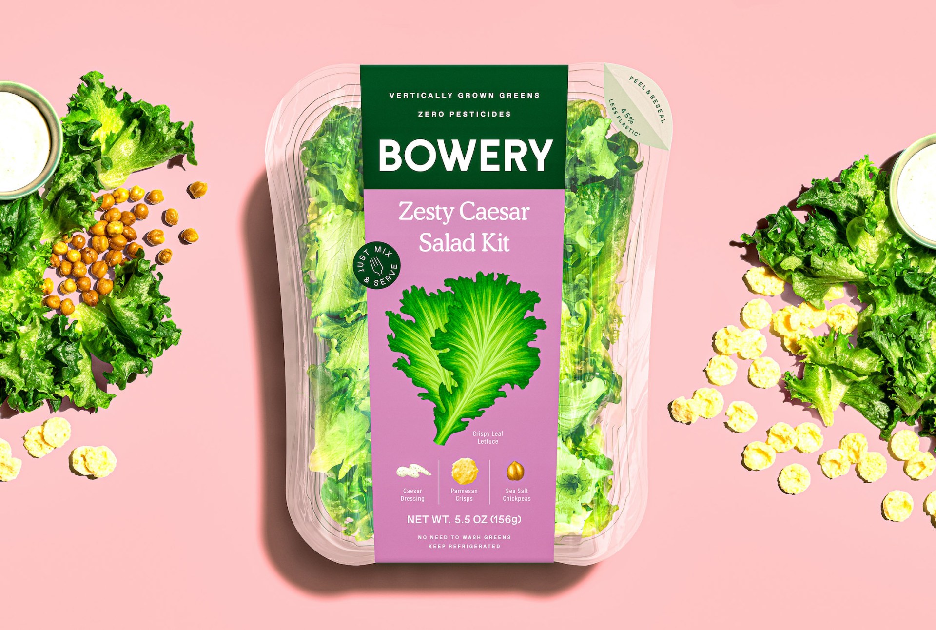 Bowery 垂直农业农场品牌蔬菜沙拉农产品包装设计，彩绘蔬菜图案