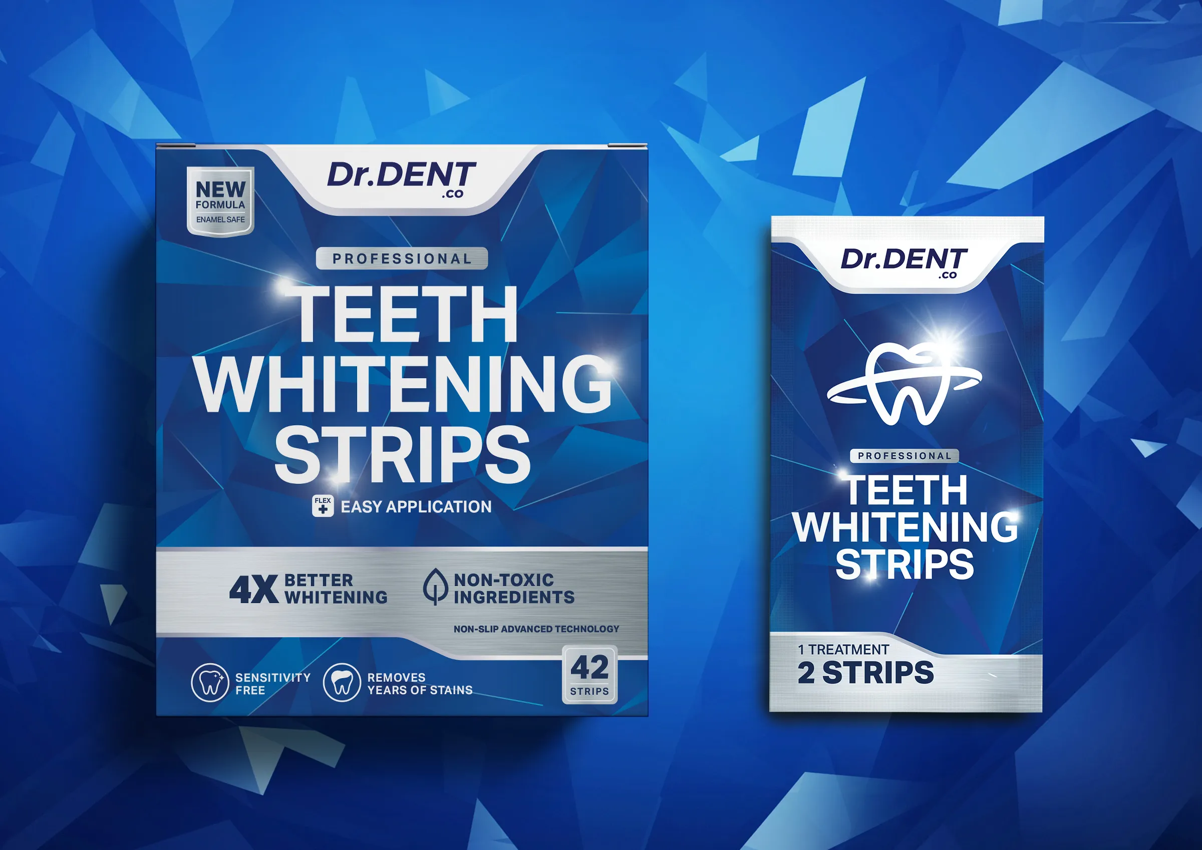 Dr.Dent牙齿美白条产品包装设计，蓝色与银色效果