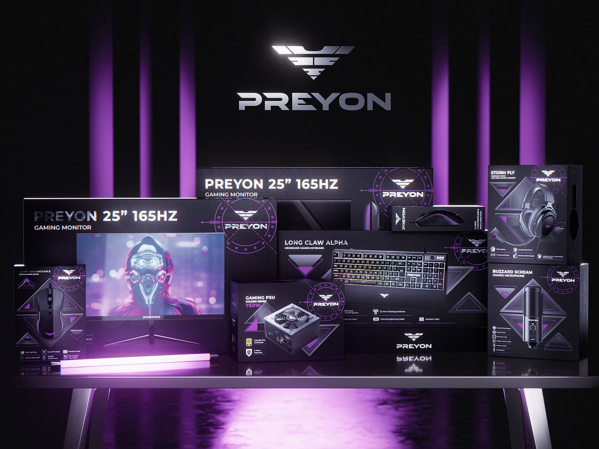 Preyon电脑游戏装备品牌创建-品牌起名logo设计包装设计，军事美学风格