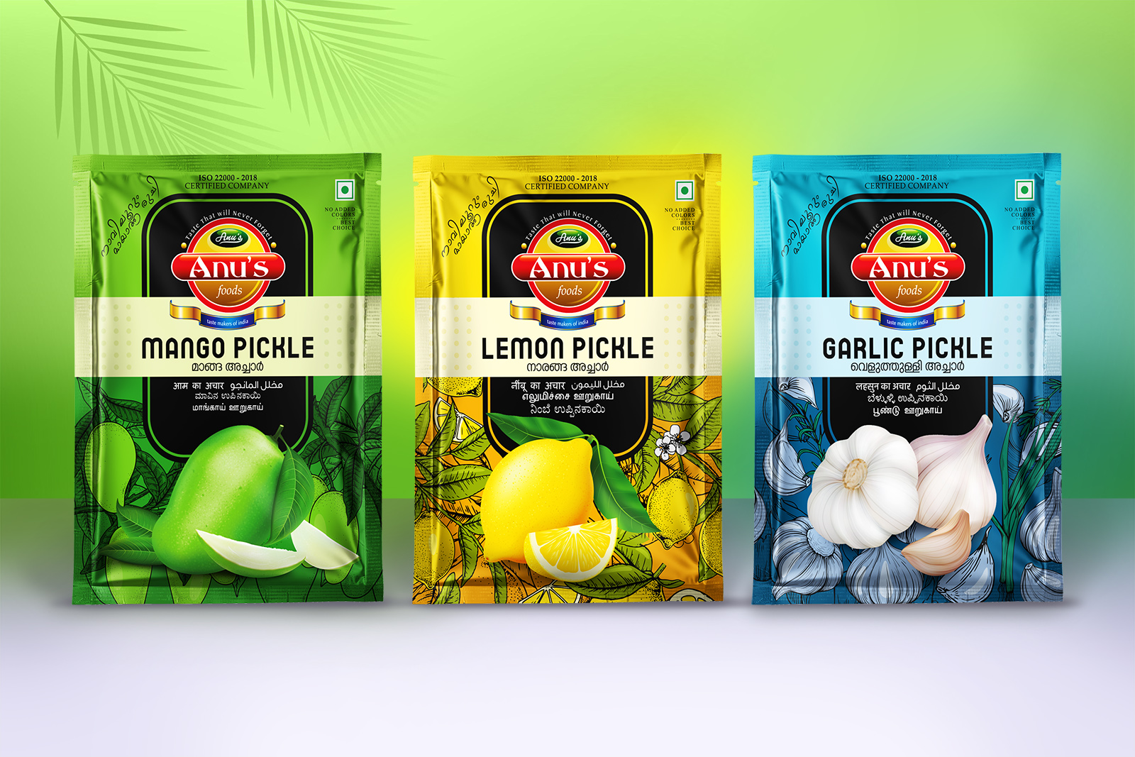 Anu’s Foods 袋装泡菜咸菜水果干包装设计，明亮配色与插画