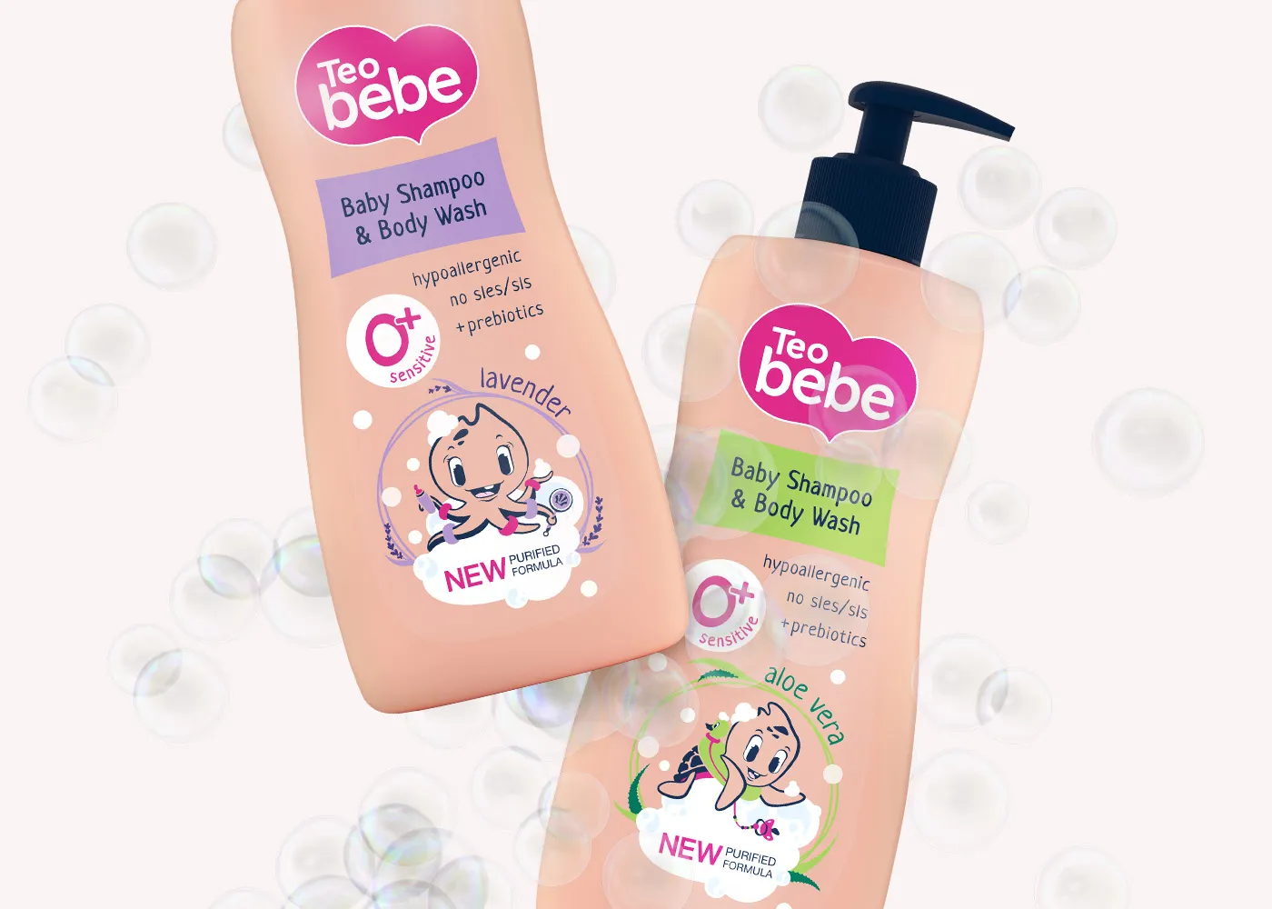 Teo Bebec婴儿护肤品洗护沐浴产品包装设计，可爱柔和卡通肤色婴儿风