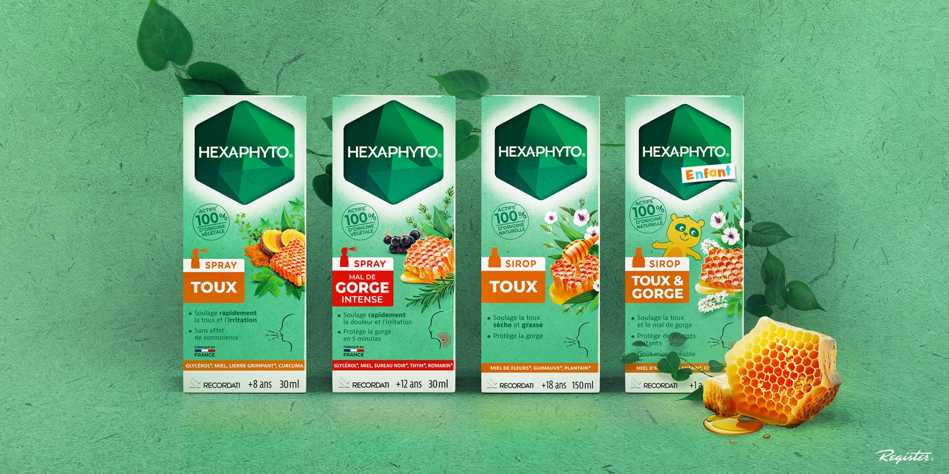 Hexaphyto蜂蜜止咳糖浆包装设计，以自然绿色方式表达药效