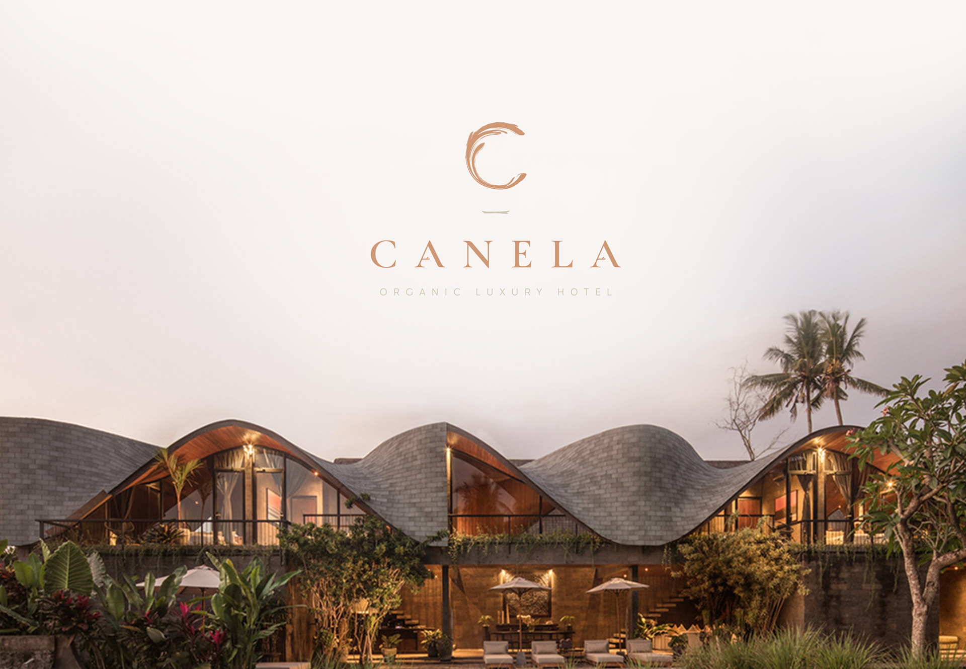 巴西有机豪华酒店艺术建筑项目 Canela 创建品牌logo设计和艺术指导，弯曲肉桂C字母元素