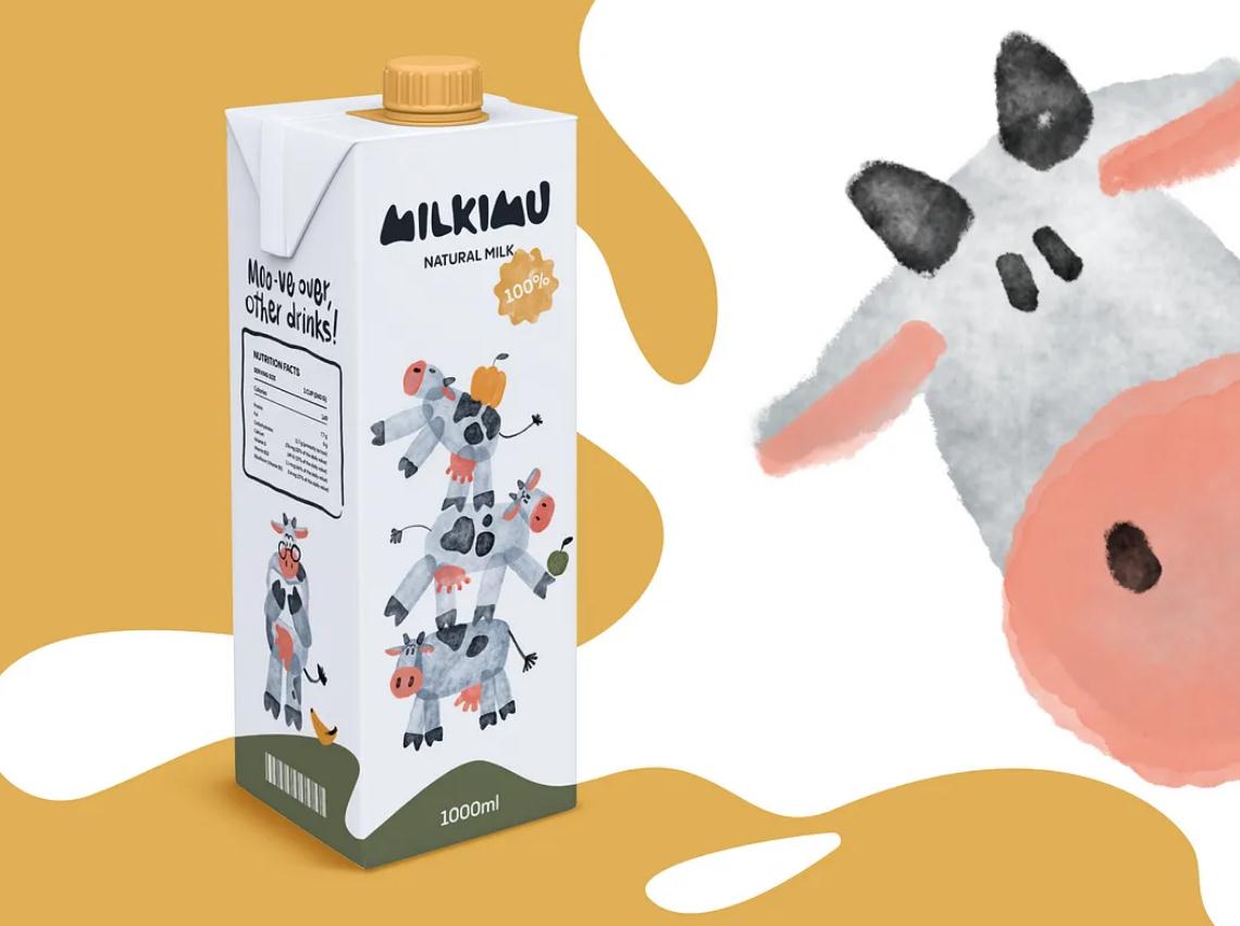 Milkimu牛奶乳制品品牌包装设计和营销图形，可爱手绘卡通牛牛元素-大牛奶纸盒设计