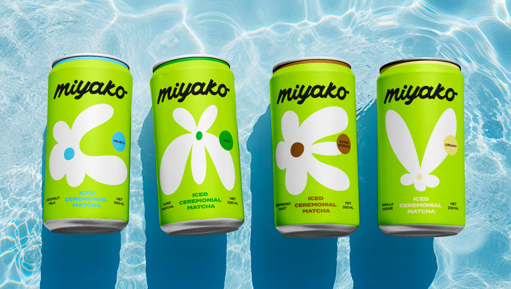 MIYAKO 创新日式抹茶饮料包装设计与品牌塑造，嫩绿色+自由活力的白色花朵