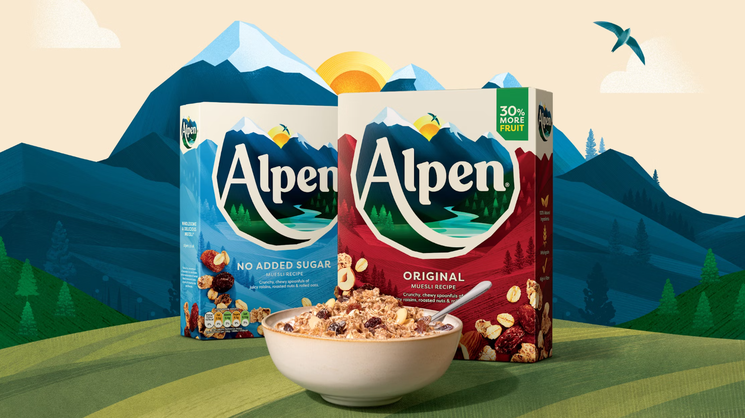 Alpen早餐燕麦谷物麦片打造新品牌与logo设计包装设计，阿尔卑斯山插画元素