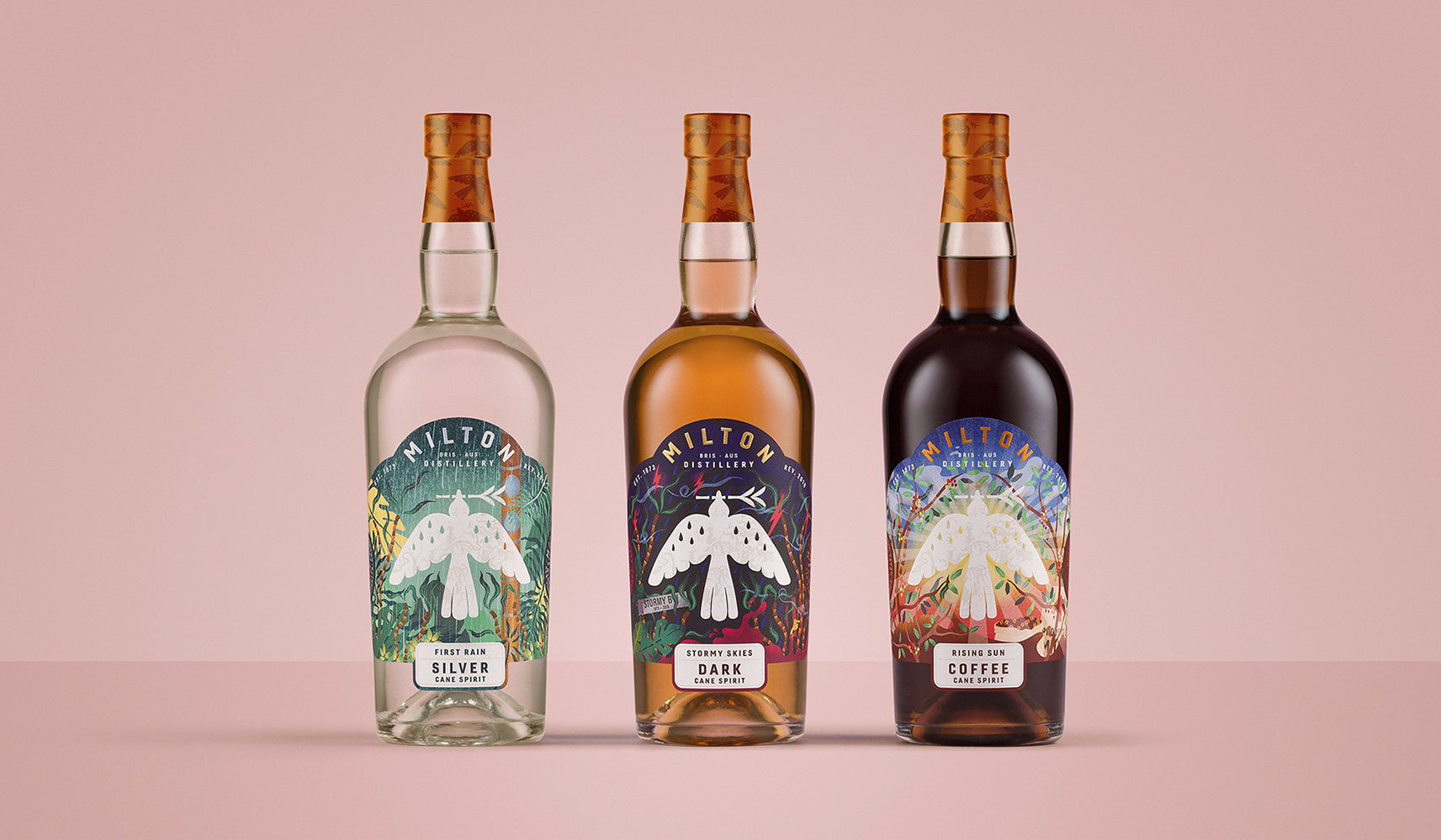 米尔顿酒厂朗姆酒标签包装设计，噪鹃鸟核心识别元素统领所有包装架构